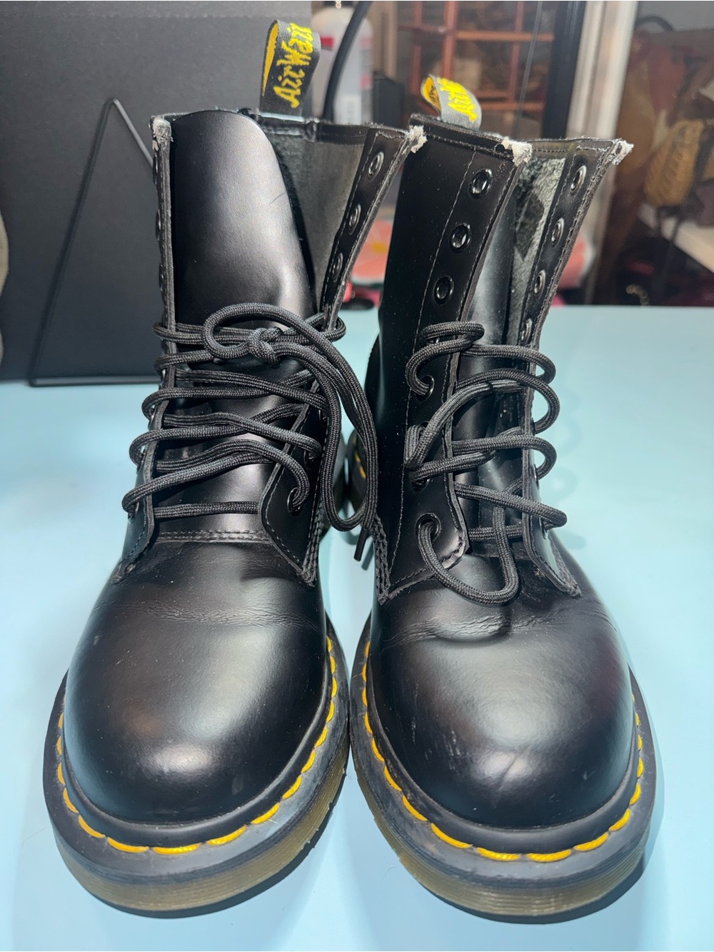 Dr. Martens Black Leather Lace-Up Boots with Yellow Stitching